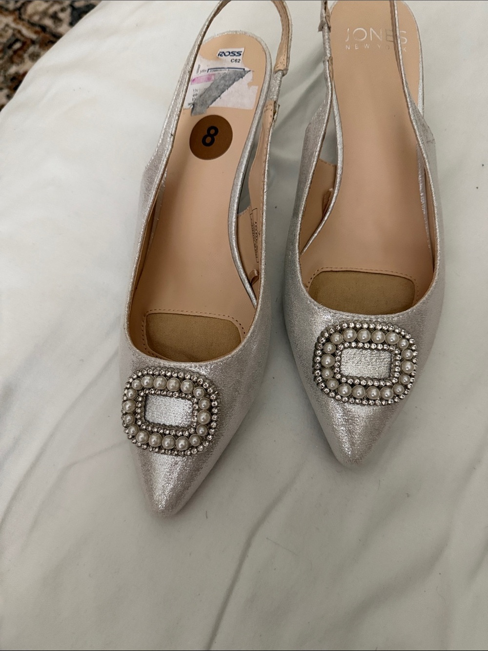 Jones New York Silver Pointed-Toe Slingback Heels with Pearl & Rhinestone Buckle